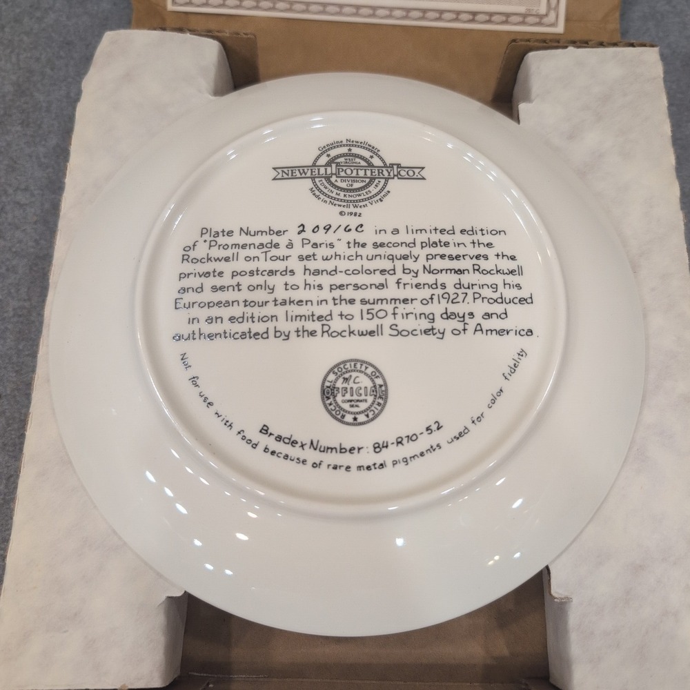 Norman Rockwell Promenade a Paris Collector Plate Newell Pottery 1982 COA Box - Picture 5 of 6